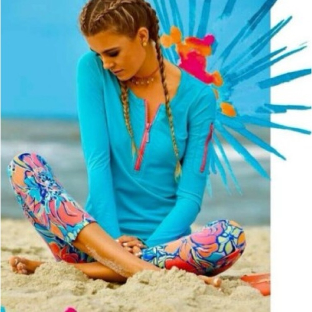 Lilly Pulitzer Weekender Cropped Luxletic Leggings Seaside Aqua Breezy Babe Sz M